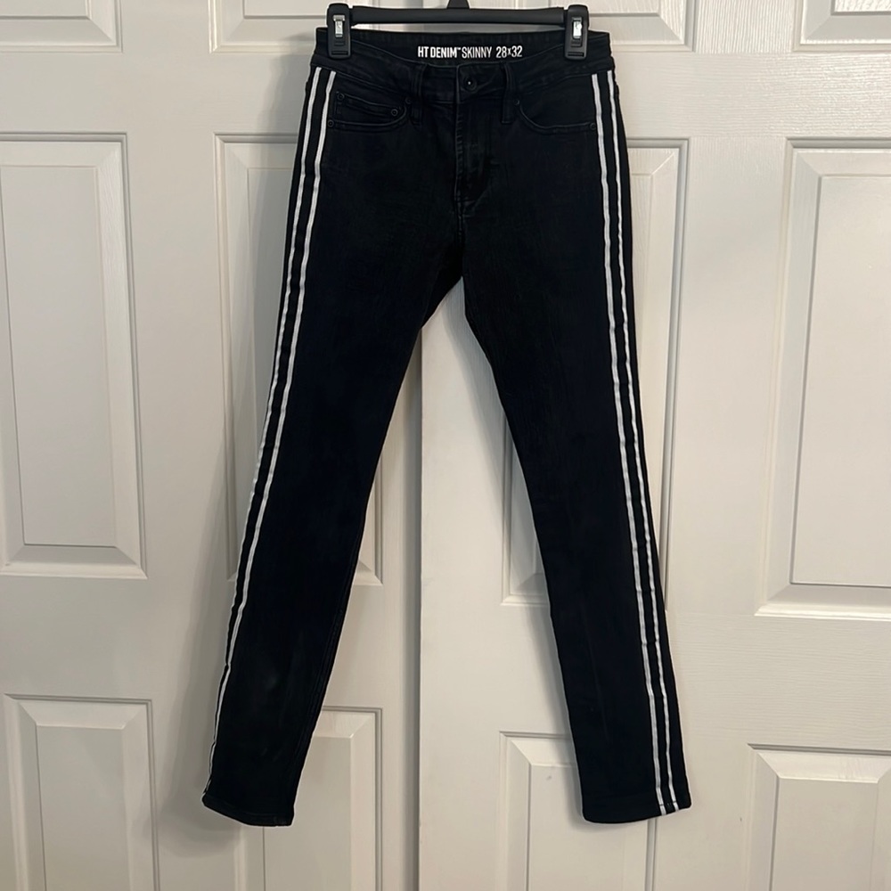 U15- Hot Topic Denim Black Skinny Jeans Pants White Taping Stripes Size 28x32